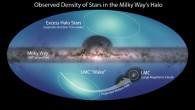 Images of the Milky Way and the Large Magellanic Cloud are overlaid on a map of the surrounding Galactic halo. The smaller structure is a wake created by the Large Magellanic Cloud’s motion through this region. The larger light-blue feature corresponds to a high density of stars observed in the northern hemisphere of our Galaxy. Image credit: NASA / ESA / JPL-Caltech / Conroy et al., doi: 10.1038/s41586-021-03385-7.