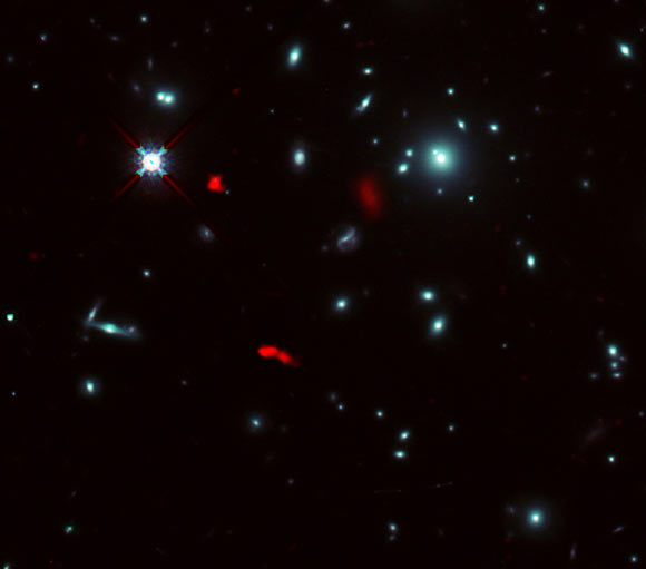 This composite image, taken by the NASA/ESA Hubble Space Telescope and ALMA, shows the galaxy cluster RXCJ0600-2007 and lensed images of the galaxy RXCJ0600-z6 (red). Image credit: ALMA / ESO / NAOJ / NRAO / Fujimoto et al. / NASA / ESA / Hubble Team.