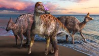 This artist’s illustration of Yamatosaurus izanagii (center) represents its ancestry to more advanced hadrosaurs (in the background). Image credit: Masato Hattori.