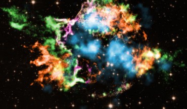 This composite image, taken by NASA’s Chandra X-ray Observatory and the NASA/ESA Hubble Space Telescope, shows the supernova remnant Cassiopeia A; the different colors represent elements detected by Chandra: iron (orange), oxygen (purple), and the amount of silicon compared to magnesium (green); titanium (light blue) detected previously by NASA’s NuSTAR telescope is shown, but not the different type of titanium found by Chandra. Image credit: NASA / CXC / RIKEN / Sato et al. / NuSTAR.