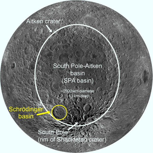 View of the southern, midlatitude far side of the Moon showing the South Pole-Aitken basin outlined in white and the Schrödinger basin outlined in yellow. Image credit: Czaplinski et al., doi: 10.3847/PSJ/abdb34.