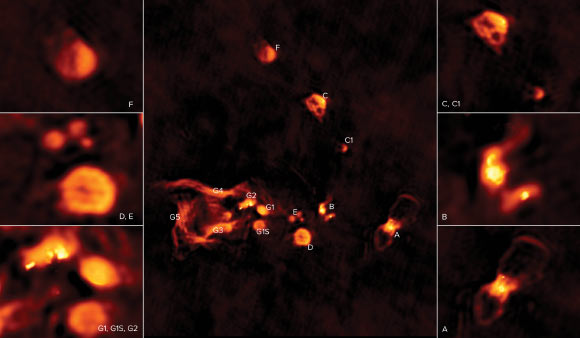 High-resolution VLA radio image of the W49A molecular cloud, with close-ups of individual regions where hydrogen gas is ionized by intense ultraviolet radiation from young stars. Image credit:  De Pree et al. / Sophia Dagnello, NRAO / AUI / NSF.