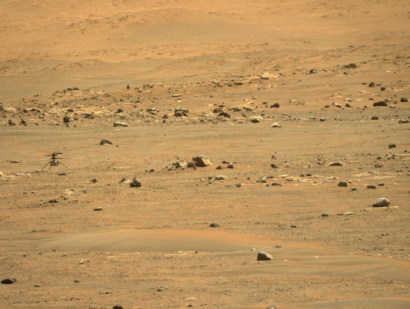 NASA’s Ingenuity helicopter was captured after landing on May 7, 2021, by the Mastcam-Z imager aboard the Perseverance rover. Image credit: NASA / JPL-Caltech / ASU / MSSS.