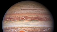 This visible-light image of Jupiter was created from data captured on January 11, 2017 using Hubble’s Wide Field Camera 3. Near the top, a long brown feature called a ‘brown barge’ extends 72,000 km (nearly 45,000 miles) in the east-west direction. The Great Red Spot stands out prominently in the lower left, while the smaller feature nicknamed Red Spot Jr. (known to Jovian scientists as Oval BA) appears to its lower right. Image credit: NASA / ESA / NOIRLab / NSF / AURA / Wong et al. / de Pater et al. / M. Zamani.