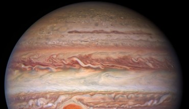 This visible-light image of Jupiter was created from data captured on January 11, 2017 using Hubble’s Wide Field Camera 3. Near the top, a long brown feature called a ‘brown barge’ extends 72,000 km (nearly 45,000 miles) in the east-west direction. The Great Red Spot stands out prominently in the lower left, while the smaller feature nicknamed Red Spot Jr. (known to Jovian scientists as Oval BA) appears to its lower right. Image credit: NASA / ESA / NOIRLab / NSF / AURA / Wong et al. / de Pater et al. / M. Zamani.