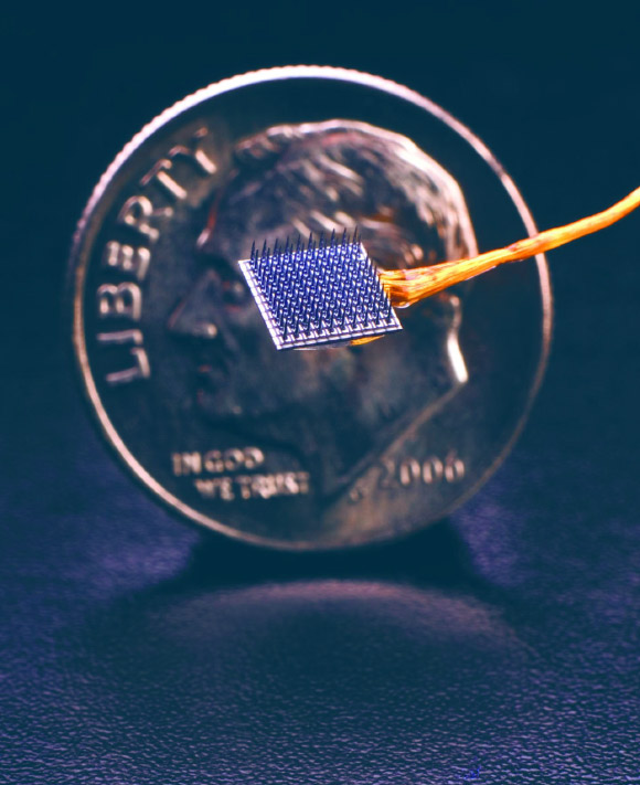 As part of the BrainGate clinical trial, researchers are using tiny electrode arrays to record signals from the motor cortex of the brain; those signals can then be used to control robotic prostheses, computers or other devices; the hope is that such a system may one help restore communication and movement in people with paralysis due to injury or illness. Image credit: BrainGate.org.