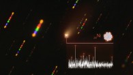 This image shows the spectrum of the interstellar comet 2I/Borisov on the bottom right superimposed to a real photo of the comet taken with ESO’s Very Large Telescope in 2019; the lines of nickel are indicated by orange dashes. Image credit: ESO / L. Calçada / O. Hainaut / P. Guzik & M. Drahus.
