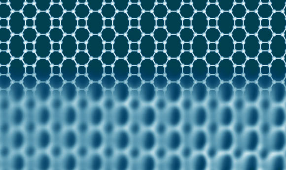 Biphenylene network: the upper part of the image shows schematically the linking of the carbon atoms, forming squares, hexagons, and octagons; the lower part is an image of the network obtained with high-resolution microscopy. Image credit: University of Marburg / Aalto University.