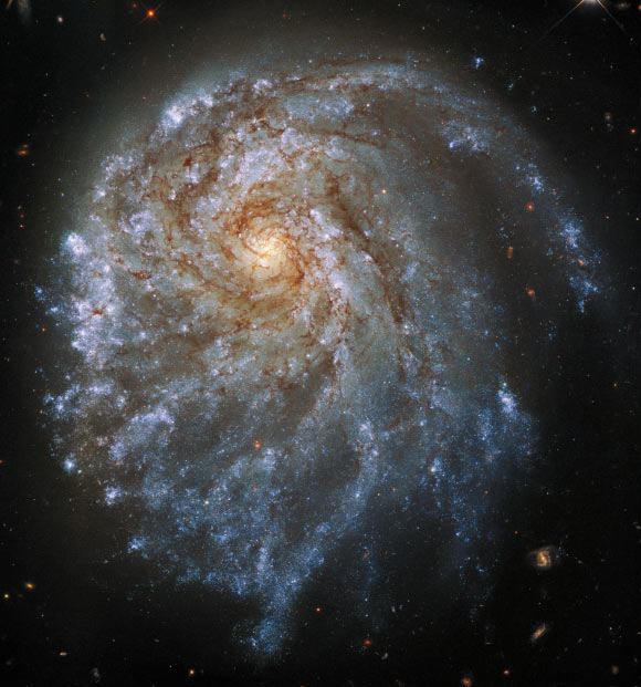 This Hubble image shows the trailing arms of the spiral galaxy NGC 2276. The color image was made from separate exposures taken in the ultraviolet, visible and near-infrared regions of the spectrum with Hubble’s Wide Field Camera 3 (WFC3). It is based on data obtained through five filters. The color results from assigning different hues to each monochromatic image associated with an individual filter. Image credit: NASA / ESA / Hubble / P. Sell / L. Shatz.