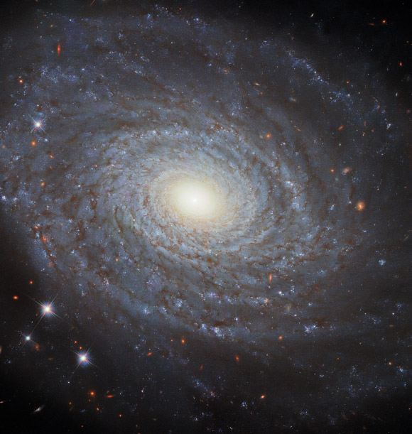 This Hubble image shows the spiral galaxy NGC 691. The image includes optical and infrared observations from Hubble’s Wide Field Camera 3 (WFC3) instrument. Four filters were used to sample various wavelengths. The color results from assigning different hues to each monochromatic image associated with an individual filter. Image credit: NASA / ESA / Hubble / A. Riess / M. Zamani.