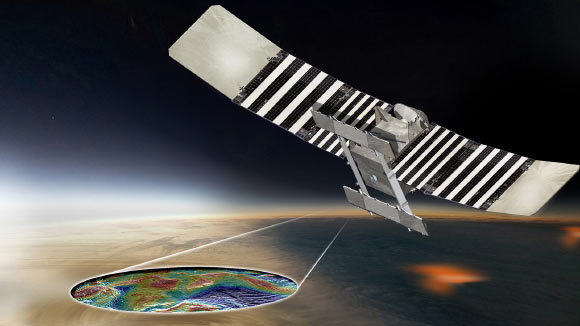 This artist’s concept shows NASA’s VERITAS spacecraft using its radar to produce high-resolution maps of Venus’ topographic and geologic features. Image credit: NASA / JPL-Caltech.