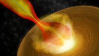 An artist’s conception of Cep A HW2, showing a wide-angle wind originating close to the star and an accretion disk, with a much narrower jet farther away. Image credit: Bill Saxton, NRAO, AUI & NSF.