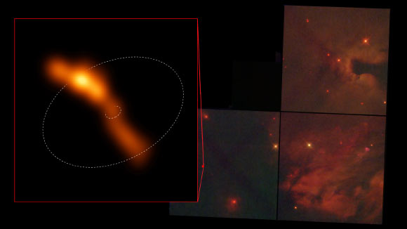 VLA image of the jet from Cep A HW2, with surrounding area shown in the image from the NASA/ESA Hubble Space Telescope; circles indicate location of the accretion disk, not seen in this image. Image credit: Carrasco-Gonzalez et al. / Bill Saxton, NRAO, AUI & NSF / STScI.