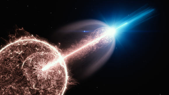 An artist’s impression of a relativistic jet of a gamma-ray burst, breaking out of a collapsing star, and emitting very-high-energy photons. Image credit: Science Communication Lab, DESY.