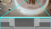 The acousto-electric chip includes a radio-frequency amplifier, circulator and filter; SEM image shows details of the amplifier. Image credit: Bret Latter / Matt Eichenfield.
