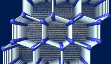 Visualization of the structure of 4H-Si viewed perpendicular to the hexagonal axis. A transmission electron micrograph showing the stacking sequence is displayed in the background. Image credit: Thomas Shiell / Timothy Strobel.