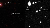 Sloan Digital Sky Survey archival image from March 2004 (left) and the image from the observation campaign of B2 1420+32 taken by Mishra et al. in January 2020 using ASAS-SN (right); the blazar’s brightness increased by a factor of 100. Image credit: SDSS / Mishra et al., doi: 10.3847/1538-4357/abf63d.