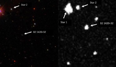 Sloan Digital Sky Survey archival image from March 2004 (left) and the image from the observation campaign of B2 1420+32 taken by Mishra et al. in January 2020 using ASAS-SN (right); the blazar’s brightness increased by a factor of 100. Image credit: SDSS / Mishra et al., doi: 10.3847/1538-4357/abf63d.