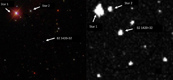 Sloan Digital Sky Survey archival image from March 2004 (left) and the image from the observation campaign of B2 1420+32 taken by Mishra et al. in January 2020 using ASAS-SN (right); the blazar’s brightness increased by a factor of 100. Image credit: SDSS / Mishra et al., doi: 10.3847/1538-4357/abf63d.