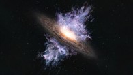 An artist’s impression of a galactic wind driven by a supermassive black hole located in the center of a galaxy. Image credit: ALMA / ESO / NAOJ / NRAO.