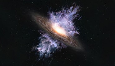 An artist’s impression of a galactic wind driven by a supermassive black hole located in the center of a galaxy. Image credit: ALMA / ESO / NAOJ / NRAO.