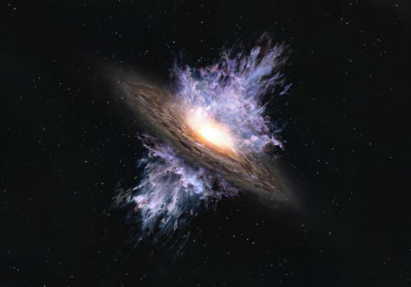 An artist’s impression of a galactic wind driven by a supermassive black hole located in the center of a galaxy. Image credit: ALMA / ESO / NAOJ / NRAO.