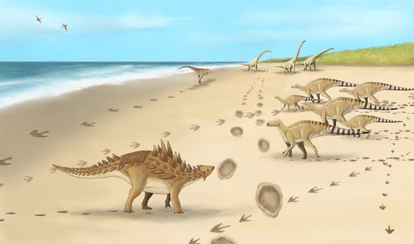 A  paleoartist’s impression of the dinosaurs and their footprints. Image credit: Megan Jacobs.