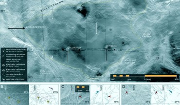 The largest crustal block Byrne et al. identified in the Venus lowlands: (A) Magellan radar image mosaic of the block; named landforms are shown; the black and white arrows mark impact craters and prominent lava flows, respectively; the approximate outline of the campus is marked by a dashed yellow line; (B) radar image (left) and structural sketch (right) of extensional faults curving into the main groove belt that delineates the southwestern margin of this campus, here with a right-lateral sense of slip; (C) sigmoidal, positive-relief landforms we interpret as right-lateral transpressive structures; (D) another example of sigmoidal, positive-relief ridges we regard as denoting right-lateral transpression, with a different strike from those structures in (C); in these and subsequent structural sketches, prominent extensional structures are in purple (with ball-and-bar symbols shown on example down-thrown blocks), and prominent shortening structures are in teal (with sawtooth symbols on example upper blocks); minor and/or poorly expressed fractures of various types are shown as thin, black lines; wrinkle ridges are generally not recorded; exemplar extensional and shortening landforms are marked with gold and red arrows, respectively; the radar look direction is from the left in (A), and from the right in (B-D). All images are in azimuthal equidistant projection, centered at 24.5°S, 146.5°E (A); 20.0°S, 138.3°E (B); 27.2°S, 141.1°E (C); and 18.0°S, 145.0°E (D). Image credit: Byrne et al., doi: 10.1073/pnas.2025919118.