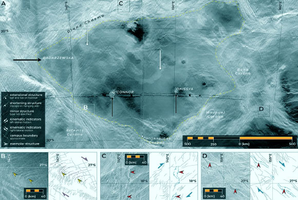 The largest crustal block Byrne et al. identified in the Venus lowlands: (A) Magellan radar image mosaic of the block; named landforms are shown; the black and white arrows mark impact craters and prominent lava flows, respectively; the approximate outline of the campus is marked by a dashed yellow line; (B) radar image (left) and structural sketch (right) of extensional faults curving into the main groove belt that delineates the southwestern margin of this campus, here with a right-lateral sense of slip; (C) sigmoidal, positive-relief landforms we interpret as right-lateral transpressive structures; (D) another example of sigmoidal, positive-relief ridges we regard as denoting right-lateral transpression, with a different strike from those structures in (C); in these and subsequent structural sketches, prominent extensional structures are in purple (with ball-and-bar symbols shown on example down-thrown blocks), and prominent shortening structures are in teal (with sawtooth symbols on example upper blocks); minor and/or poorly expressed fractures of various types are shown as thin, black lines; wrinkle ridges are generally not recorded; exemplar extensional and shortening landforms are marked with gold and red arrows, respectively; the radar look direction is from the left in (A), and from the right in (B-D). All images are in azimuthal equidistant projection, centered at 24.5°S, 146.5°E (A); 20.0°S, 138.3°E (B); 27.2°S, 141.1°E (C); and 18.0°S, 145.0°E (D). Image credit: Byrne et al., doi: 10.1073/pnas.2025919118.