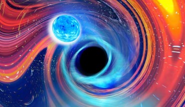 An artist’s impression of a black hole-neutron star merger. Image credit: Carl Knox, OzGrav & Swinburne University.