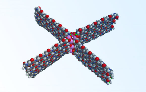 Three layers of hydrogen-bonded edge-to-edge polymer; each layer has four polymer rods bonded at a central vertex; atoms are colored as follows: hydrogen white, carbon black, nitrogen blue, oxygen red, silicon pink, and iron green. Image credit: Julie Elizabeth Mary McGeoch & Malcolm William McGeoch.