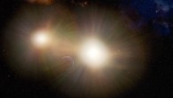 This illustration depicts an exoplanet partially hidden in the glare of its host star and a nearby companion star. Image credit: Gemini Observatory / NOIRLab / NSF / AURA / J. da Silva.