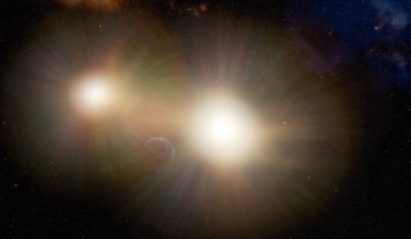 This illustration depicts an exoplanet partially hidden in the glare of its host star and a nearby companion star. Image credit: Gemini Observatory / NOIRLab / NSF / AURA / J. da Silva.
