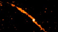 Color-coded map of the distribution of stars emerging from the star cluster Palomar 5 (white blob); the two long tidal tails (orange) contain 1.3 times the mass of the cluster and delineate its orbit around the Milky Way Galaxy. Image credit: SDSS.