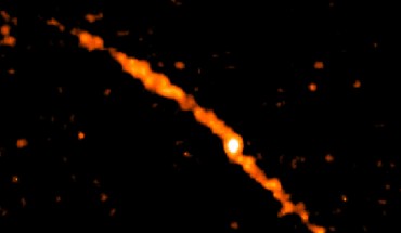 Color-coded map of the distribution of stars emerging from the star cluster Palomar 5 (white blob); the two long tidal tails (orange) contain 1.3 times the mass of the cluster and delineate its orbit around the Milky Way Galaxy. Image credit: SDSS.