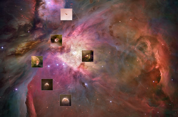 Hubble’s image of the Orion Nebula with proplyd highlights. Image credit: NASA / ESA / M. Robberto, Space Telescope Science Institute & ESA / Hubble Space Telescope Orion Treasury Project Team / L. Ricci, ESO.