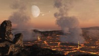 An artist’s impression of the Hadean Earth: huge, impact-generated lava lakes coexisted with surface liquid water, under a thick greenhouse atmosphere sustained by lava outgassing. Image credit: Simone Marchi & Dan Durda, Southwest Research Institute.