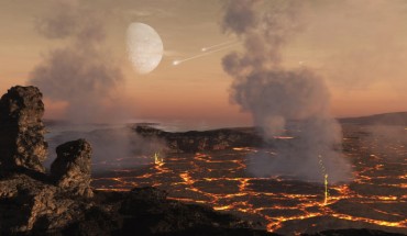 An artist’s impression of the Hadean Earth: huge, impact-generated lava lakes coexisted with surface liquid water, under a thick greenhouse atmosphere sustained by lava outgassing. Image credit: Simone Marchi & Dan Durda, Southwest Research Institute.