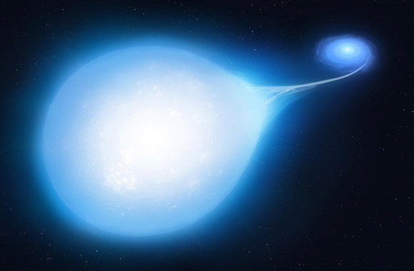 An artist’s impression of HD 265435, a binary system located approximately 1,500 light-years away in the constellation of Gemini. Image credit: Mark Garlick / University of Warwick.