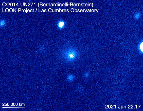 This image of comet C/2014 UN271 (Bernardinelli-Bernstein) was taken by the Las Cumbres Observatory 1-m telescope at Sutherland, South Africa, on June 22, 2021; the diffuse cloud is the comet’s coma. Image credit: LOOK project, Las Cumbres Observatory.