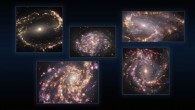 This image combines observations of the nearby galaxies NGC 1300, NGC 1087, NGC 3627 (top, from left to right), NGC 4254 and NGC 4303 (bottom, from left to right) taken with the Multi-Unit Spectroscopic Explorer on ESO’s Very Large Telescope. Image credit: ESO / PHANGS.