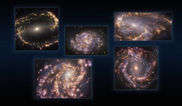 This image combines observations of the nearby galaxies NGC 1300, NGC 1087, NGC 3627 (top, from left to right), NGC 4254 and NGC 4303 (bottom, from left to right) taken with the Multi-Unit Spectroscopic Explorer on ESO’s Very Large Telescope. Image credit: ESO / PHANGS.