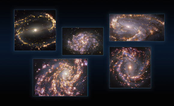 This image combines observations of the nearby galaxies NGC 1300, NGC 1087, NGC 3627 (top, from left to right), NGC 4254 and NGC 4303 (bottom, from left to right) taken with the Multi-Unit Spectroscopic Explorer on ESO’s Very Large Telescope. Image credit: ESO / PHANGS.