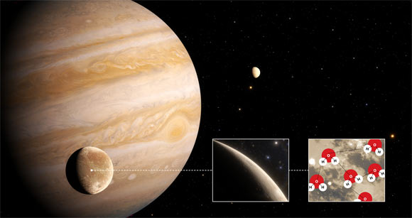 Roth et al. reveal the first evidence for water vapor in the atmosphere of Ganymede, the result of the thermal escape of water vapor from the moon’s icy surface. Image credit: NASA / ESA / Hubble / J. daSilva.