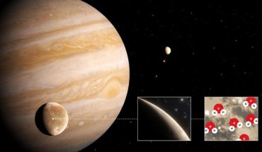 Roth et al. reveal the first evidence for water vapor in the atmosphere of Ganymede, the result of the thermal escape of water vapor from the moon’s icy surface. Image credit: NASA / ESA / Hubble / J. daSilva.