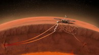 Schematic view of the propagation of seismic waves in the Martian crust and seismic conversions at the base of the discontinuity, at a depth of 10 km (6.2 miles). Image credit: IPGP.