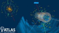 Display of a candidate WWW→ 3 leptons + neutrinos event; the event is identified by its decay to a muon (red line), two electrons (blue lines) and missing transverse energy (white dashed line). Image credit: CERN.