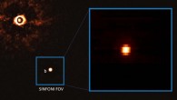Schematics of the observations of TYC 8998-760-1b using SINFONI on ESO’s Very Large Telescope. The background image is captured by the SPHERE instrument on the Very Large Telescope. The small blue box marks the field of view of SINFONI observations targeting TYC 8998-760-1b. Both the host star and TYC 8998-760-1c are outside the field of view. An example of the wavelength-collapsed image is shown in the enlarged blue box, showing negligible contribution from starlight. Image credit: ESO / Bohn et al. / Zhang et al.