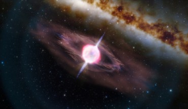 This illustration depicts a collapsing star that is producing two short gamma-ray jets. Image credit: Gemini Observatory / NOIRLab / NSF / AURA / J. da Silva / M. Zamani, NOIRLab.