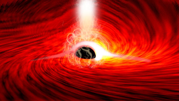Wilkins et al. observed bright flares of X-ray emissions, produced as gas falls into a supermassive black hole in I Zwicky 1; the flares echoed off of the gas falling into the black hole, and as the flares were subsiding, short flashes of X-rays were seen -- corresponding to the reflection of the flares from the far side of the disk, bent around the black hole by its strong gravitational field. Image credit: Dan Wilkins.